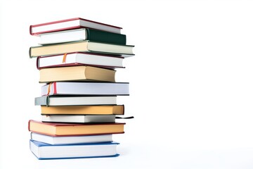 A towering stack of textbooks, symbolizing academic stress or knowledge overload, isolated on white background