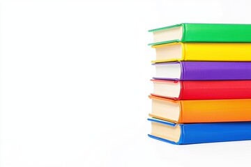A stack of books with rainbow-colored spines, diversity in reading or inclusive learning concept, isolated on white background