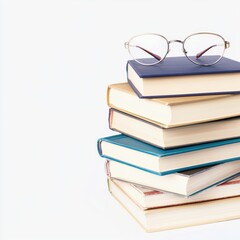 A stack of books with a pair of reading glasses resting on top, intellectual or scholarly theme, isolated on white background