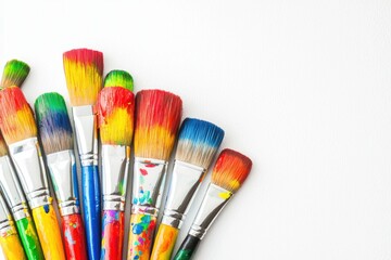 Fototapeta premium A group of paint brushes with rainbow-colored paint on the bristles, vibrant and creative, isolated on white background