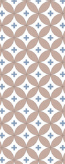 A repeating geometric pattern featuring curved shapes and cross symbols in soft colors.