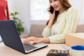 Fototapeta premium A young woman is talking on the phone while working on her laptop, managing her online clothing business. She is in a bright room