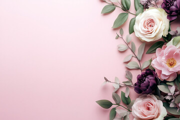 Elegant floral arrangement of pastel roses, peonies, and greenery on a soft pink background