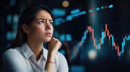 Concerned businesswoman observes a declining interest rate graph, highlighting the impact on financial markets and investment strategies.