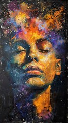 Fototapeta premium A woman's face is painted in a vibrant, abstract style with cosmic elements. Her eyes are closed, and her expression is serene.