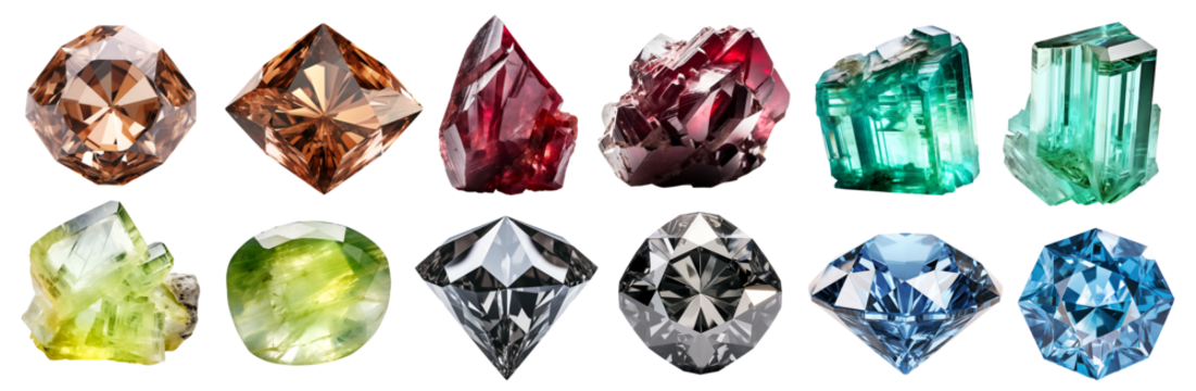 Collection set of gemstone mineral rocks crystal semi-precious stones, on transparent PNG. Brown blue black diamond, almandine, amblygonite, beryl. Many different style. Mockup template for design