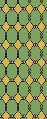 Fototapeta premium A geometric pattern featuring diamonds and circles in various colors on a green background.