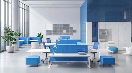 A modern open - space office with a combination of white and blue elements. The white walls give a sense of spaciousness