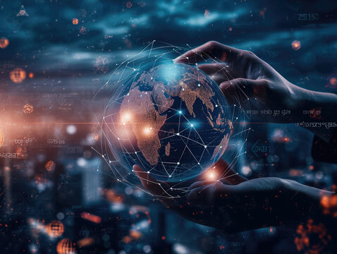 hand touching global network and data exchanges over the world 3D rendering, network city background. Internet concept. Technology Ai for science, business, innovation