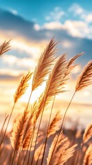 Golden pampas grass against a sunset sky