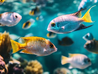 Fototapeta premium A school of colorful tropical fish swimming in coral reefs, vibrant underwater life, fish, coral reef, vibrant