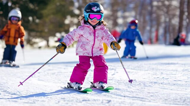 Young child skiing on a snowy slope while other children and adults enjoy winter sports at a ski resort on a sunny day