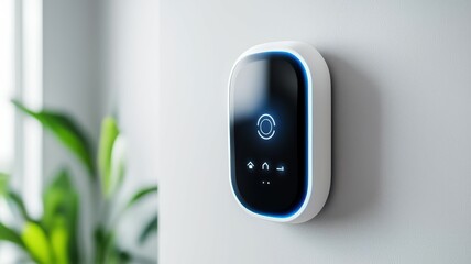 Modern smart thermostat on wall, showcasing sleek design and touch screen interface for home automation.
