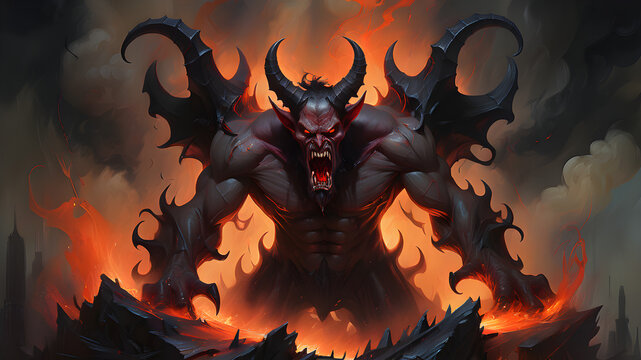 Asmodeus, Behemoth, Beelzebub, Lucifer, Salanus, Asmodeus, Belial, who look like demons with horns and a fiery black-orange aura swirling around their bodies, giving off an aura of vengeance and darkn