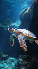 Fototapeta premium An underwater shot of a graceful sea turtle swimming near the ocean floor, serene and ancient, sea turtle, ocean, serene