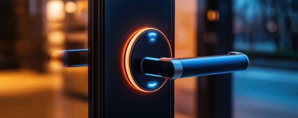 Modern smart door lock with illuminated keypad, showcasing advanced security and technology in contemporary architecture.