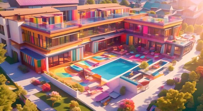 A contemporary mega mansion with an open floor plan floor to ceiling windows and a rooftop pool set in a quiet suburban neighborhood 4k animation