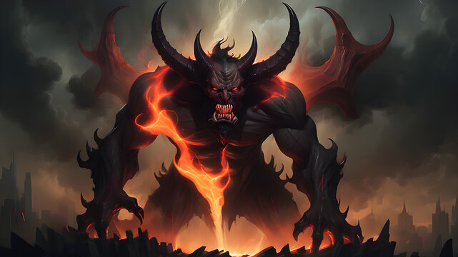 Asmodeus, Behemoth, Beelzebub, Lucifer, Salanus, Asmodeus, Belial, who look like demons with horns and a fiery black-orange aura swirling around their bodies, giving off an aura of vengeance and darkn