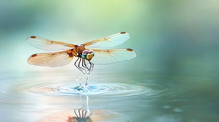 Closeup of a dragonfly hovering over still water, capturing the delicate wings in detail, dragonfly, water, delicate
