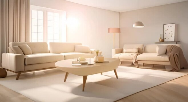 A shot with harsh sun light with a light brown mood a shot of modern couch lounge from 45 degree camera angle on a soild white background 4k animation