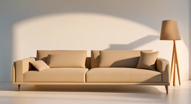 A shot with harsh sun light with a light brown mood a shot of modern couch lounge from 45 degree camera angle on a soild white background 4k animation