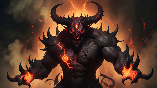 Asmodeus, Behemoth, Beelzebub, Lucifer, Salanus, Asmodeus, Belial, who look like demons with horns and a fiery black-orange aura swirling around their bodies, giving off an aura of vengeance and darkn
