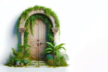 Fototapeta premium A door overgrown with greenery. Space for text.