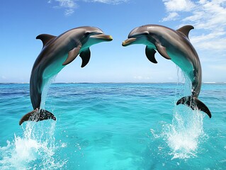 Fototapeta premium Two dolphins jumping out of crystalclear water, caught in midair in a synchronized leap, dolphins, ocean, harmony