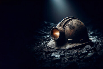 Obraz premium An abandoned miner's helmet in a coal mine. Space for text.