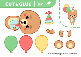 Cut and glue. Birthday of little bear. Applique. Paper game. Vector