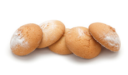 Butter cookies biscuit round shape sprinkled with powdered sugar isolated on a white background