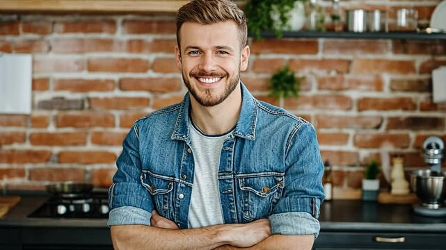 Smiling Man in Denim Jacket Stands Confidently in Modern Kitchen Generative AI