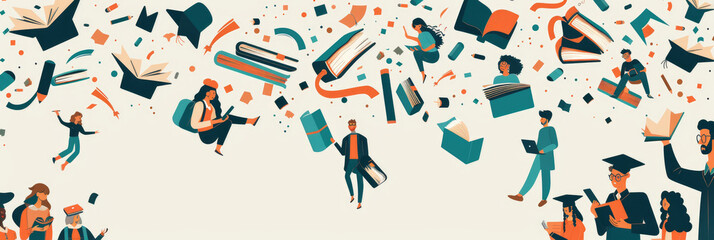 Students are seen interacting with books and study materials while celebrating education in a vibrant and dynamic setting