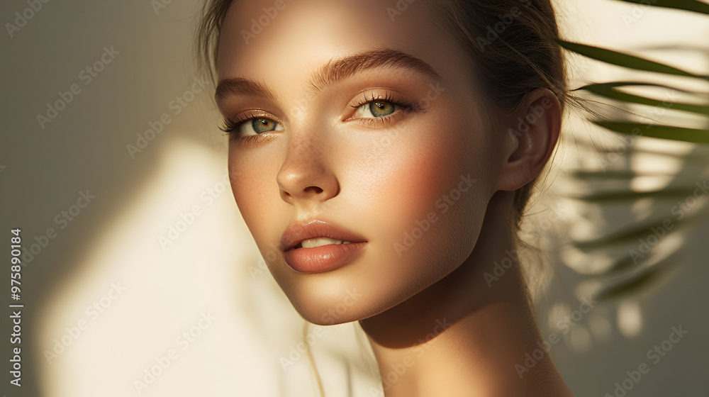 Poster close-up of a beautiful model's face with little makeup on a neutral background. ideal for advertisi