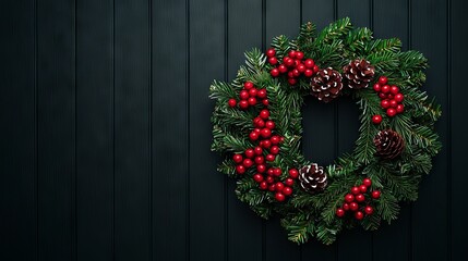 Christmas Wreath with Pine Cones and Red Berries on Black Wood Background