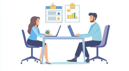 Collaborative brainstorming session in a modern office setting featuring two professionals working on laptops surrounded by charts and data visuals