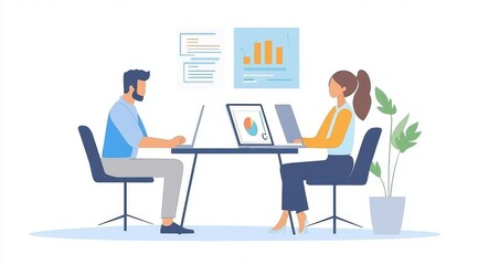 Collaboration between two professionals at a modern workspace focusing on analytics and business strategy during daytime hours