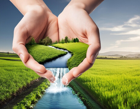 Water resource management strategy. River stream in human hands