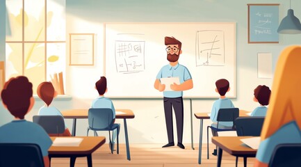A dedicated teacher engages a lively classroom of young students during an interactive lesson on a bright afternoon, surrounded by educational charts and a warm atmosphere