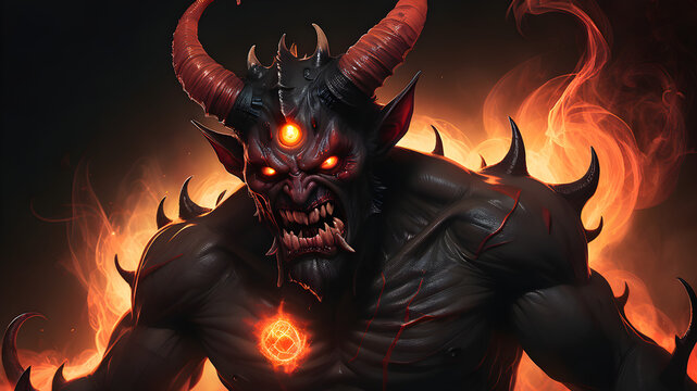 Asmodeus, Behemoth, Beelzebub, Lucifer, Salanus, Asmodeus, Belial, who look like demons with horns and a fiery black-orange aura swirling around their bodies, giving off an aura of vengeance and darkn
