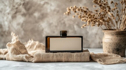 A rustic arrangement featuring a minimalist amber bottle resting on a textured cloth, surrounded by dried flowers in a simple pottery vase, evoking a serene atmosphere in a softly lit space