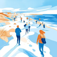 Fototapeta premium Strolling along the coastline at sunset, a vibrant scene filled with joyful families and individuals enjoying the warm breeze and beautiful ocean waves while exploring the sandy shore