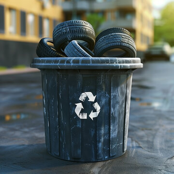 Tires recycling - waste container is full of used black rubber car tires