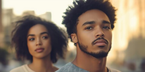 Obraz premium A close-up portrait of a young black couple wearing casual t-shirts, with a blurred background.
