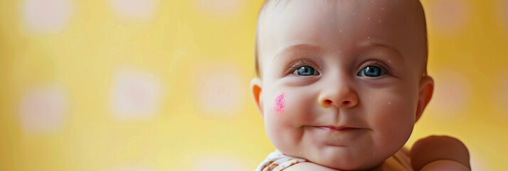 Infant Immunity: A portrait of a healthy baby with a bright pink vaccination mark on their arm, set against a soft yellow background.
