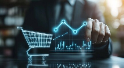 A professional in a suit analyzing e-commerce trends with a digital shopping cart and graphical data visualization in a modern workspace during the golden hour