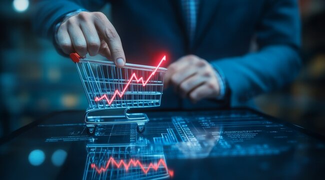An innovative businessman analyzing market trends with a digital shopping cart while highlighting upward growth in a modern office setting during the evening