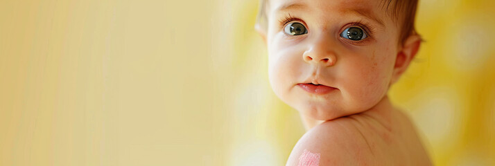 Infant Immunity: A portrait of a healthy baby with a bright pink vaccination mark on their arm, set against a soft yellow background.
