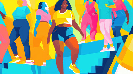 A group of women of various sizes and shapes ascends bright blue stairs in a lively, colorful environment under daylight