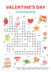 Crossword. Valentines day. English words. Educational puzzle game for kids. Cartoon, vector